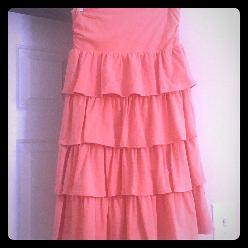 J Crew Ftry coral strapless stretch ruffled dress